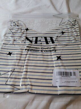 WT Dusty Blue Striped Lace Trim Ribbed Tank Top Cami | M